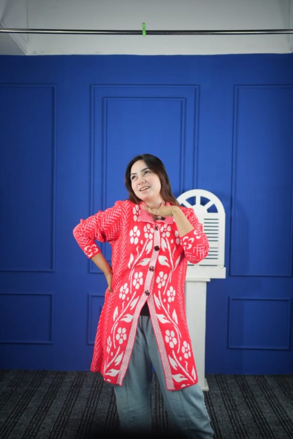 Red Floral Patterned Long Sweater